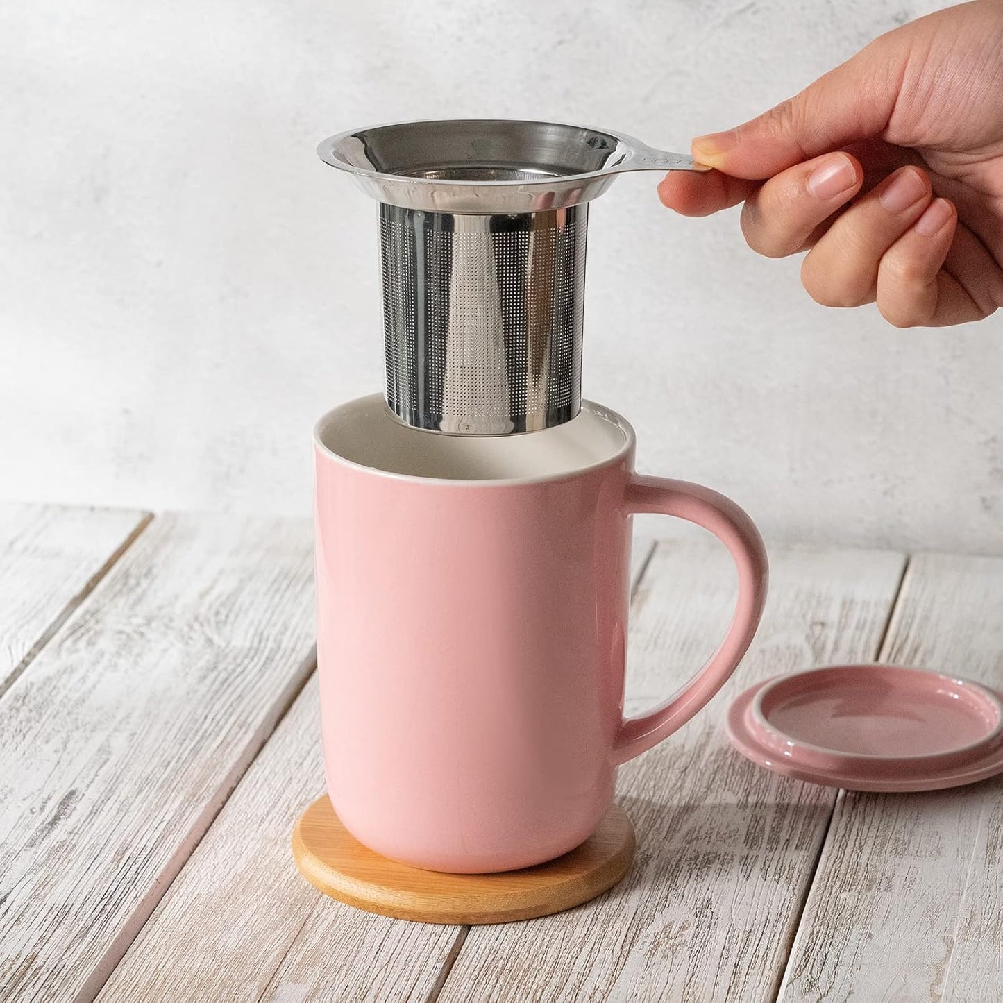 CEEFU Porcelain Tea Mug with Infuser and Lid, Teaware with Filter and Coaster, Loose Leaf Tea Cup Steeper Maker, 16 OZ for Tea/Coffee/Milk/Women/Office/Home/Gift (Pink)