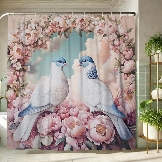 Romantic Floral Shower Curtain, Pastel Peach Peony Print Bath Curtain for Bathroom Decor, Spring Summer Elegant Vintage Style Waterproof Fabric Shower Curtain Set with Hooks 72x78 Inch