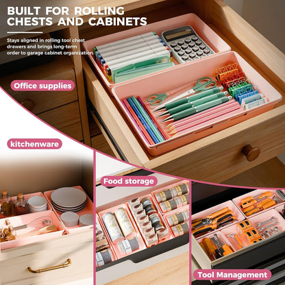 [6 PCS Extra-Large] Pink Drawer Organizer Trays with Non-Slip Pads, Interlocking Storage Bins for Vanity, Desk, Bathroom, Kitchen, Home Office and Utility Drawers