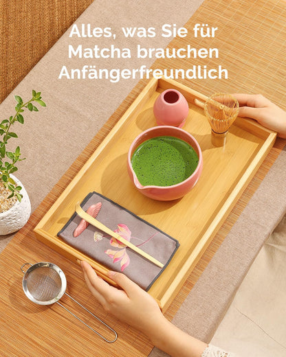 Maestri House Pink Matcha Whisk Set, 7-Pc Complete Matcha Kit with Spouted Ceramic Bowl, Bamboo Whisk and Holder, Scoop, Spoon Rest & Sifter, Tea Cloth – Ideal Gift for Matcha Lovers (Pink)
