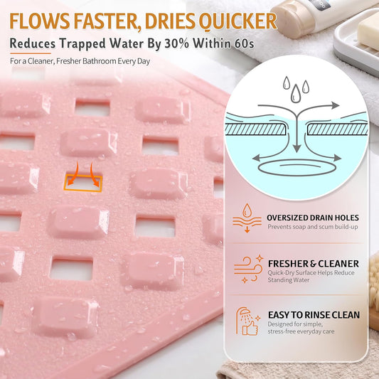 Yimobra Bathtub Mat Non Slip, Super Strong Suction Cups, 28"X16" Long Shower Mat with Drain Holes, Machine Washable Fast Draining Bath Mats, Bathroom Essentials,Pink