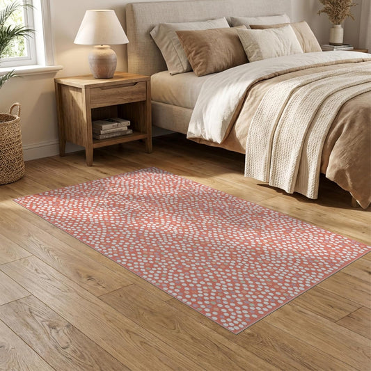 5'x7' Washable Flatwoven Rug, Salmon Modern Polka Dot Stain Resistant Area Rug for Guest Room, Lounge, Apartment, Non-Slip Low Profile Floor Covering | Ref:2114930