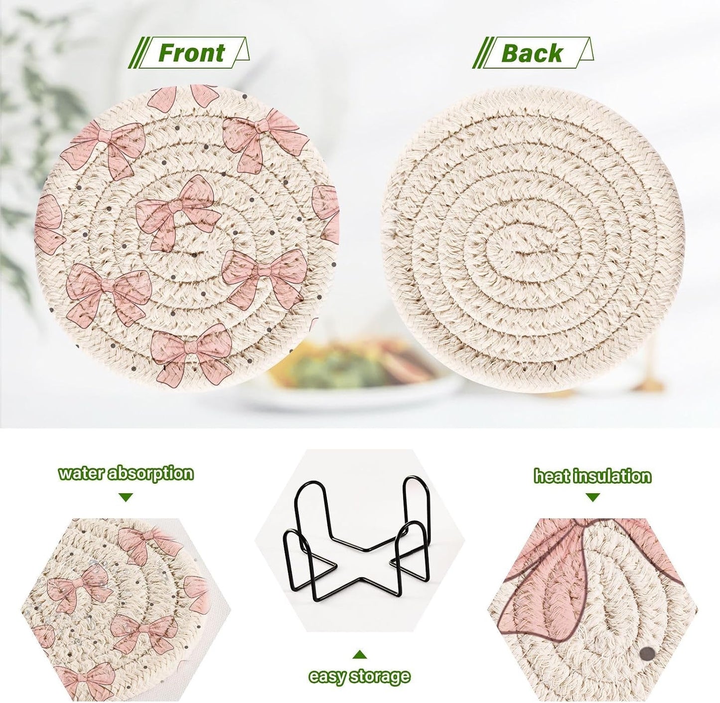 6 Pcs Bows Light Pink Drink Coasters with Holder,Round Woven Coaster Set Absorbent Coasters for Tabletop Protection Table Home Decor, 4 Inch