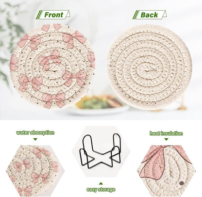 6 Pcs Bows Light Pink Drink Coasters with Holder,Round Woven Coaster Set Absorbent Coasters for Tabletop Protection Table Home Decor, 4 Inch