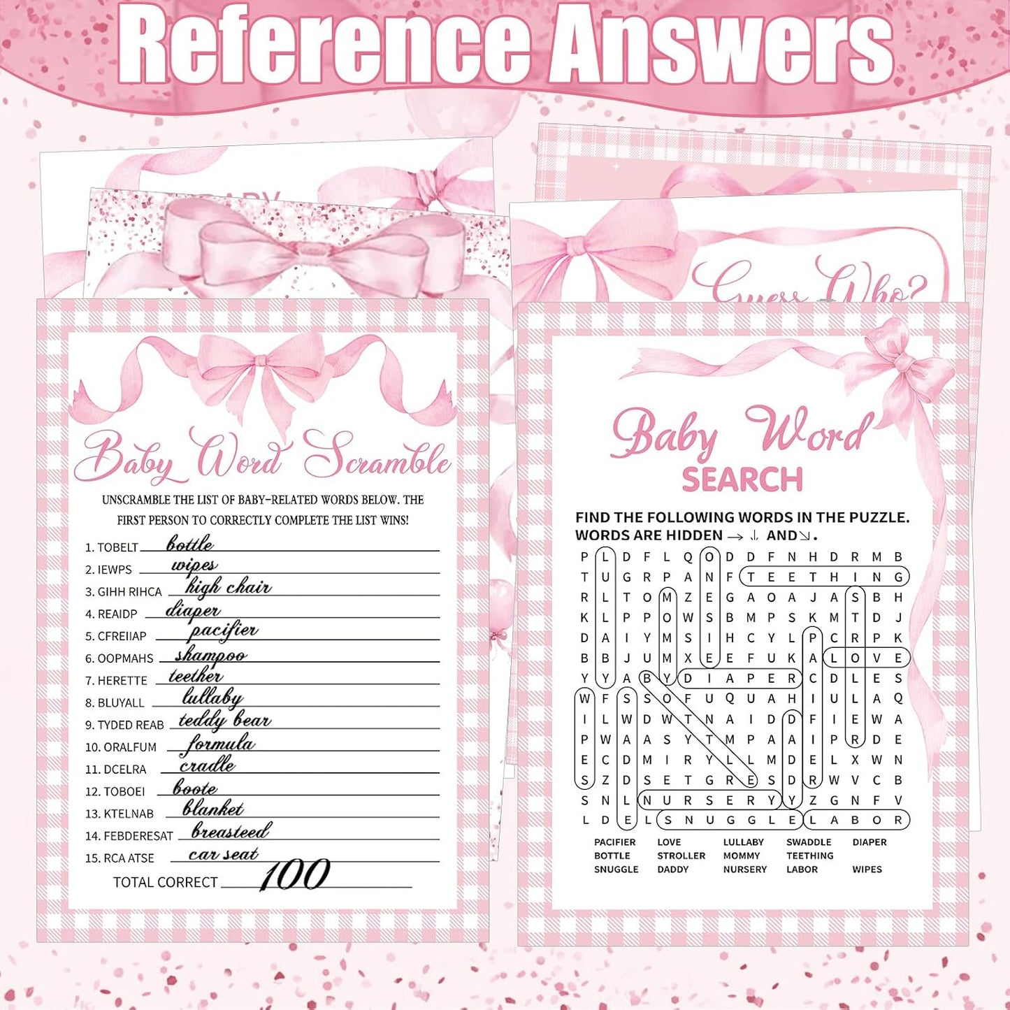 Sherr 476 Pink Bow Coquette Baby Shower Games 6 Sets Activities Card Pacifier Hunt Game 50 Pacifier How Big Is Mommy's Belly Sign 50 Guessing Card 2 Measuring Tape Don't Say Baby Sign 50 Clothespin