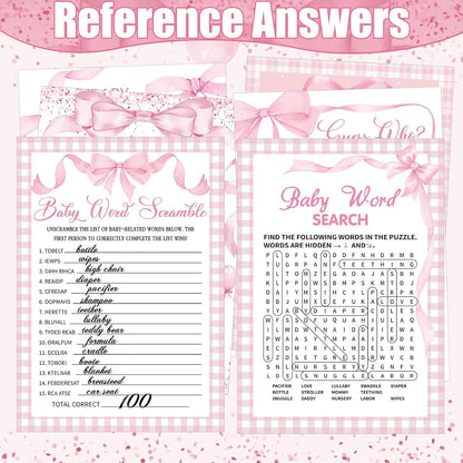 Sherr 476 Pink Bow Coquette Baby Shower Games 6 Sets Activities Card Pacifier Hunt Game 50 Pacifier How Big Is Mommy's Belly Sign 50 Guessing Card 2 Measuring Tape Don't Say Baby Sign 50 Clothespin