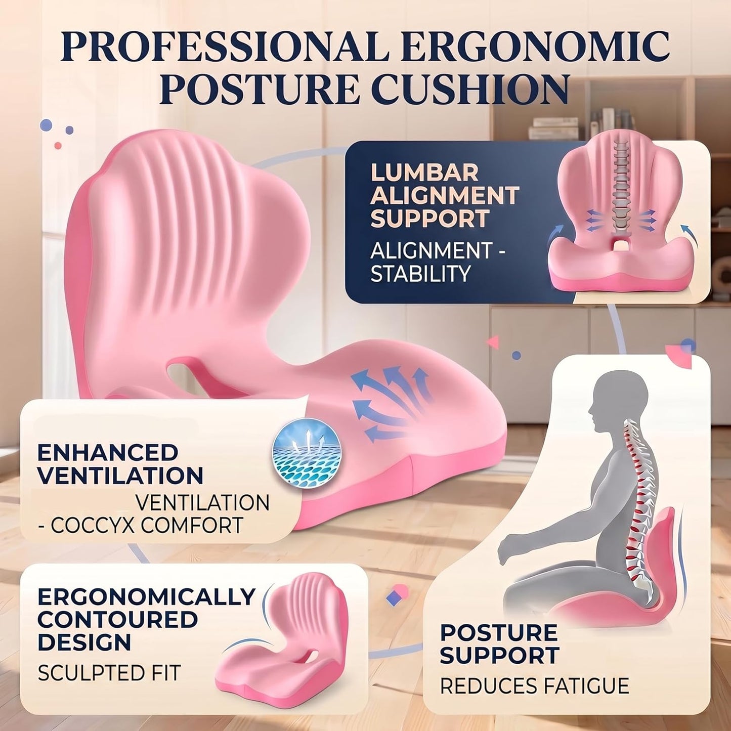 Ergonomic Seat Cushion,Lumbar Support for Office Chair, Memory Foam Chair Cushion for Car Seat,Long Sitting Comfort & Posture Support (Pink)