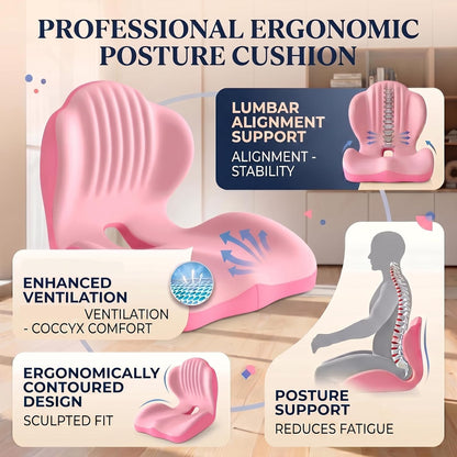 Ergonomic Seat Cushion,Lumbar Support for Office Chair, Memory Foam Chair Cushion for Car Seat,Long Sitting Comfort & Posture Support (Pink)