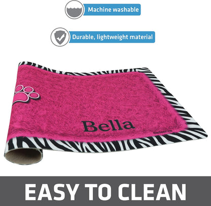 Drymate Personalized Pet Bowl Placemat, Custom Dog & Cat Food Feeding Mat - Absorbent Fabric, Waterproof Backing - Machine Washable/Durable (USA Made) (12" x 20") (Zebra Pink)