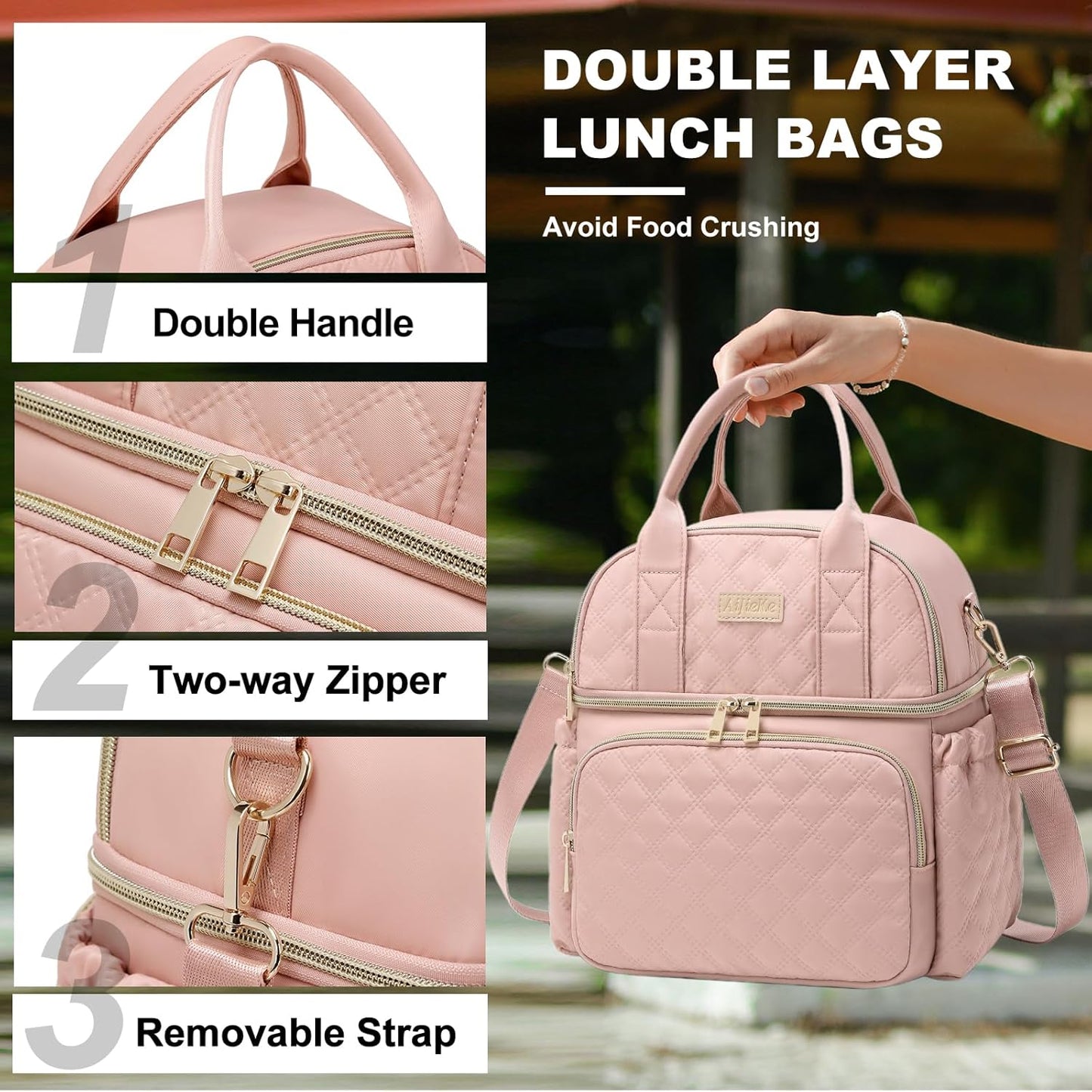 AIJIEKE Large Insulated Lunch Bag for Women, Double Compartment Leakproof Lunch Box for Work Office, Reusable Cooler Tote with Adjustable Strap & Side Pockets for Adults Picnic Beach, Pink