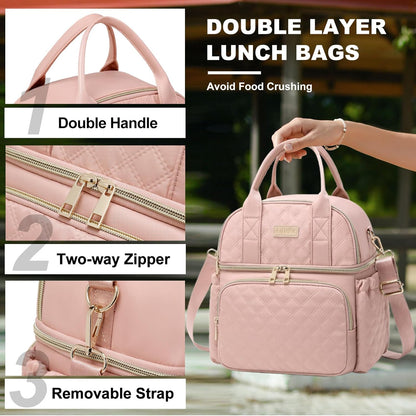 AIJIEKE Large Insulated Lunch Bag for Women, Double Compartment Leakproof Lunch Box for Work Office, Reusable Cooler Tote with Adjustable Strap & Side Pockets for Adults Picnic Beach, Pink