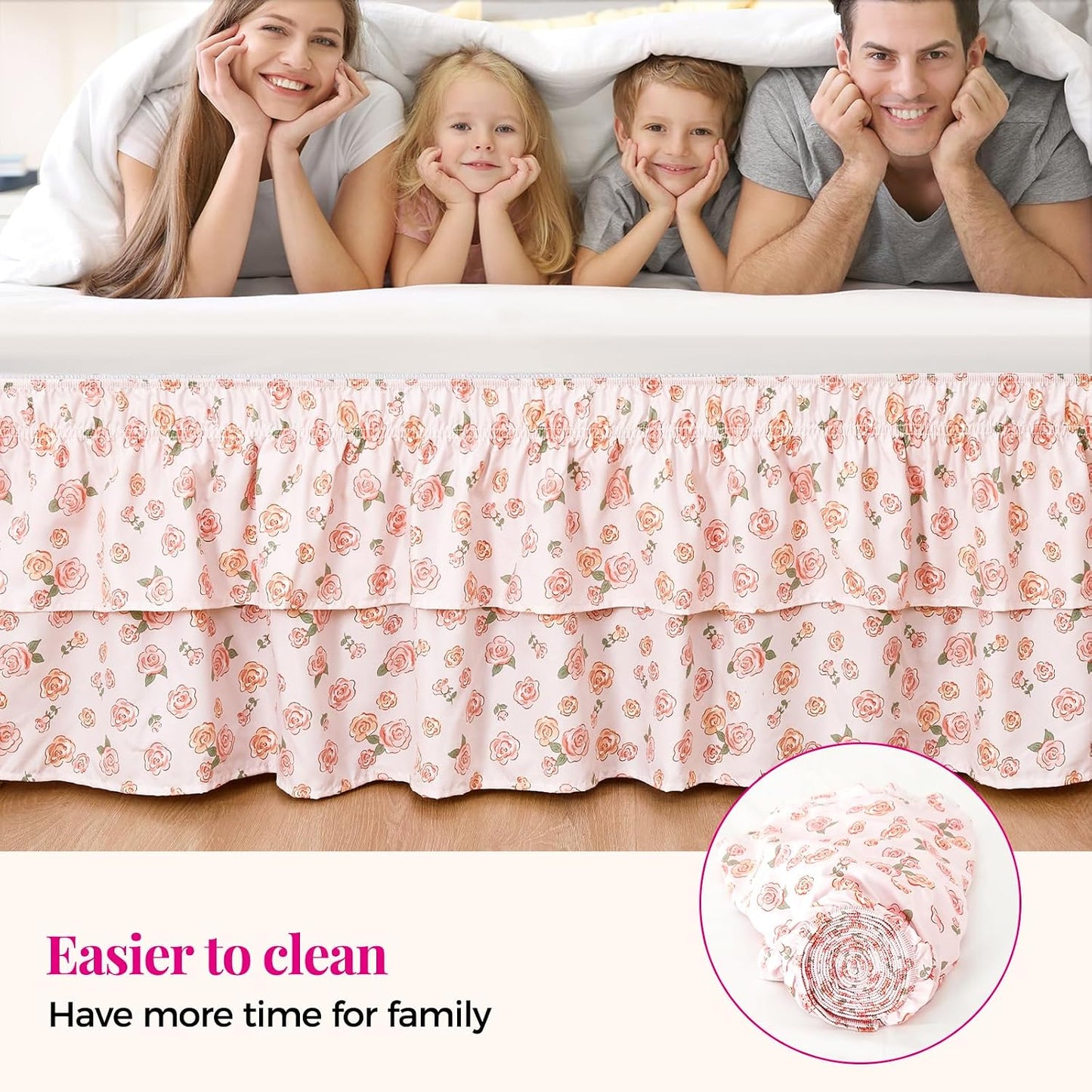 RIMELA Ruffle Bed Skirt Pink Rose Floral Queen 15 Inch Drop, Elastic Wrap Around Bed Skirting Queen Size, Easy to Install Dust Ruffle, Machine Washable Soft Fabric, Multi Ruffle Bedskirt
