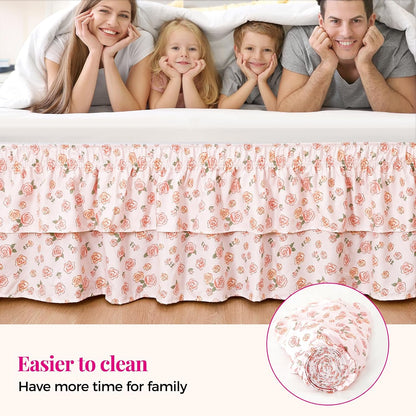 RIMELA Ruffle Bed Skirt Pink Rose Floral Queen 15 Inch Drop, Elastic Wrap Around Bed Skirting Queen Size, Easy to Install Dust Ruffle, Machine Washable Soft Fabric, Multi Ruffle Bedskirt