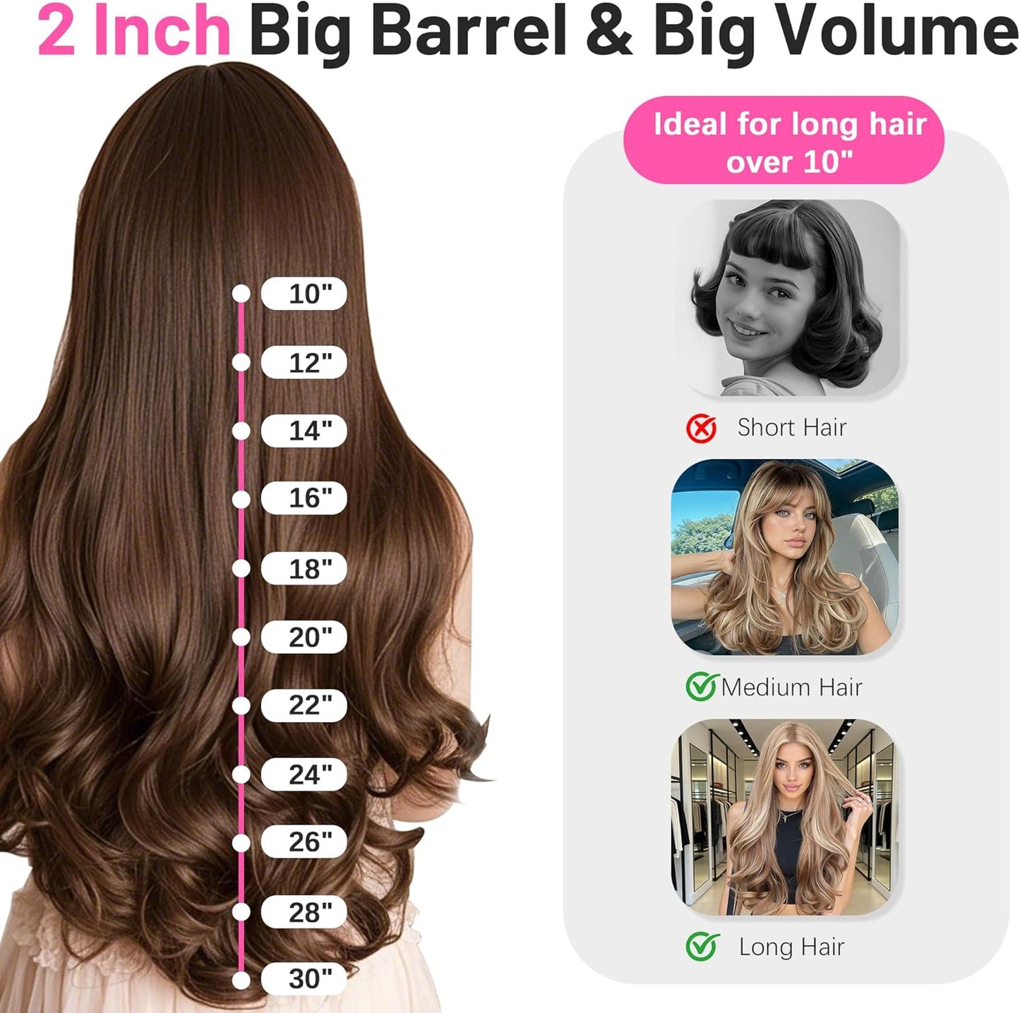 Large Curling Iron 2 Inch,Large Barrel Curling Iron for Long Hair,Dual Voltage Curling Iron 110-240V with European Plug,Curling Wand with Clamp for Loose Curls,5 Temp Digital Display,Temp Lock