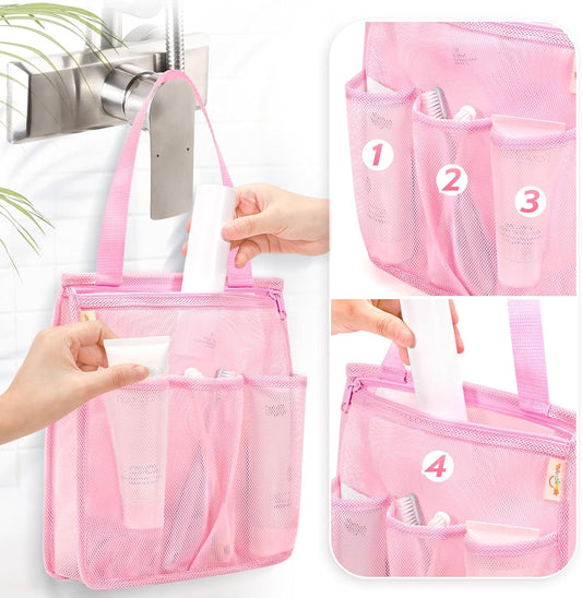 famichan Mesh Shower Caddy Portable, Gym Travel Camp Dorm Room Essentials for Women and College Girl, Pink Bathroom Shower Bag