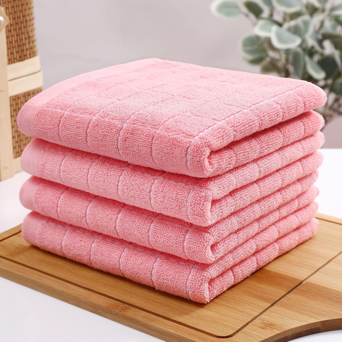 Homaxy 100% Cotton Terry Kitchen Towels(Pink, 13 x 28 inches), Checkered Designed, Soft and Super Absorbent Dish Towels, 2 Pack