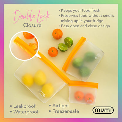 MUMI Piccolo Reusable Zip Up Bags – Set of 3 Silicone Ziplock Bag | Reusable Ziploc Bags for Food Storage, Freezer, & Snacks | BPA-Free Airtight Silicone Storage Bag for Travel & Meal Prep - Pink