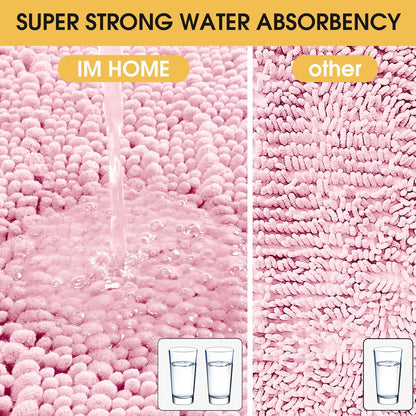 ACCUMTEK Upgrade Extra Large Pink Bathroom Rug Set 3 Pieces Ultra Soft, Thick Absorbent Bath Mats, Non Slip Chenille Toilet Mat for Bathroom, Bedroom, Kitchen