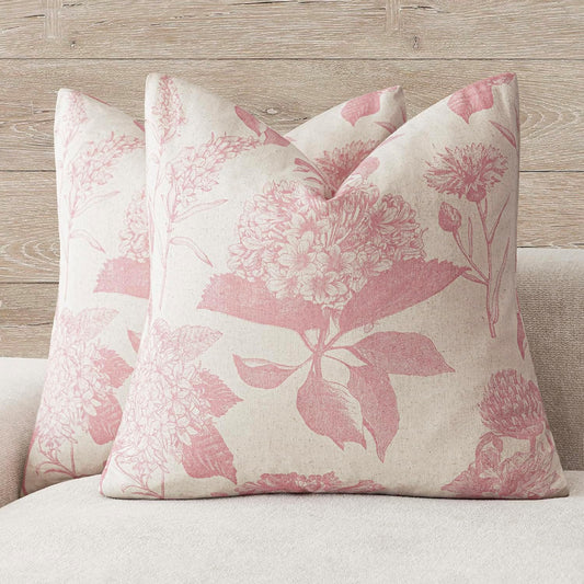 Foindtower Set of 2 Linen Floral Throw Pillow Covers Neutral Vintage Print Decorative Cozy Cushion Covers Farmhouse Boho Home Decor for Sofa Chair Couch Bedroom Living Room,18×18 Inch,Light Pink