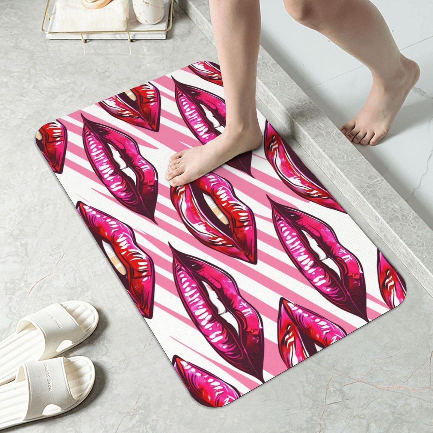 Pink Mouth Stripes Absorbent Bath Mat Non Slip Washable Doormat 19.7x31.5 in Quick Dry Shower Mat Thin Floor Rug for Bathroom Kitchen Entryway