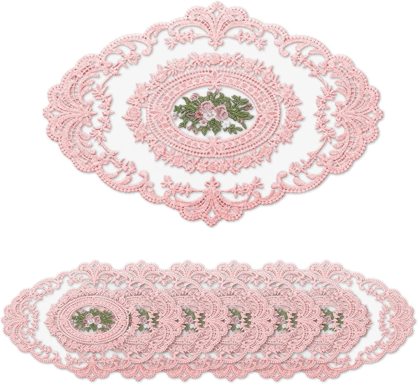 Retro Lace Embroidered Placemats Set of 6, French Crochet Doilies, Soft Breathable Vintage Style for Wedding Party, 18in x 12in, Pink