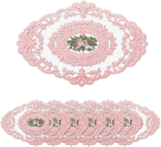 Retro Lace Embroidered Placemats Set of 6, French Crochet Doilies, Soft Breathable Vintage Style for Wedding Party, 18in x 12in, Pink