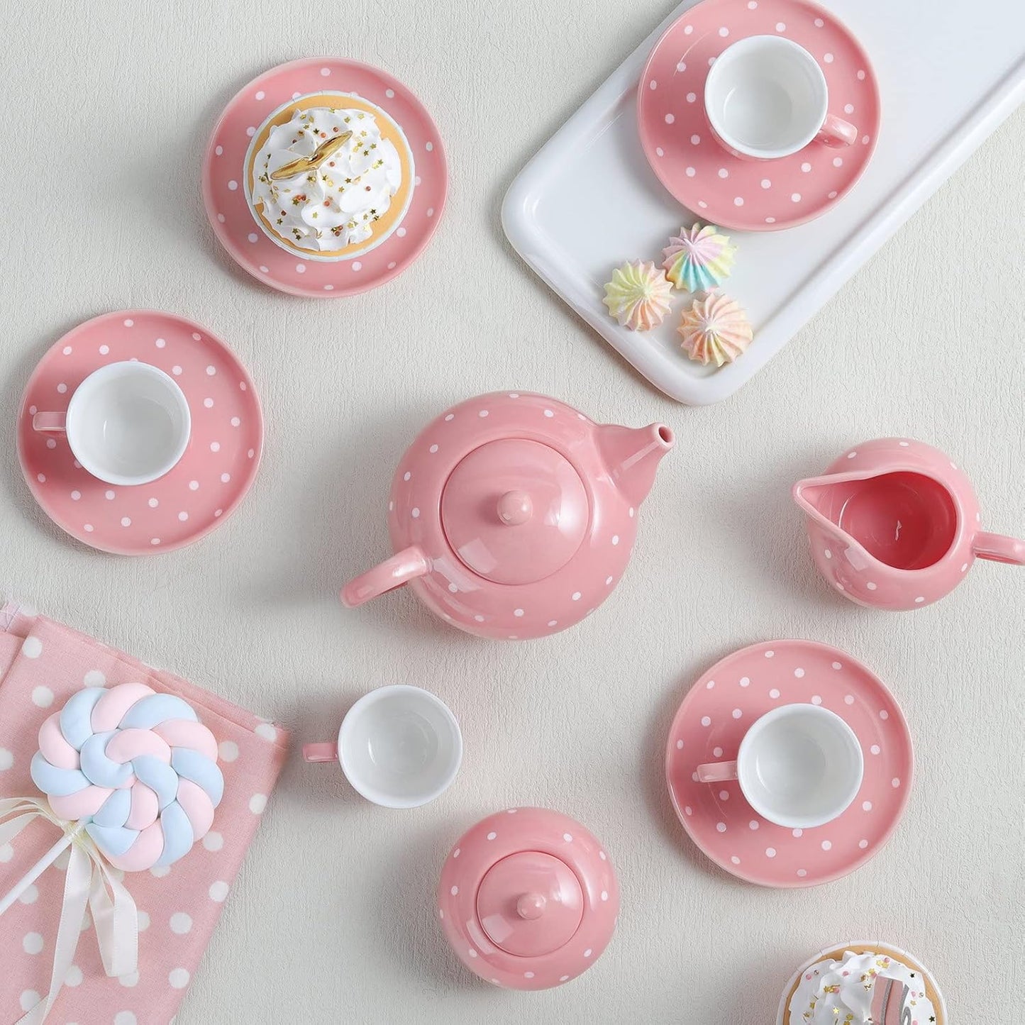 fanquare Porcelain Tea Service Set for Girls Women, 12Pieces Pink and Polka Dot Tea Sets with Box for Holiday Gifting Party