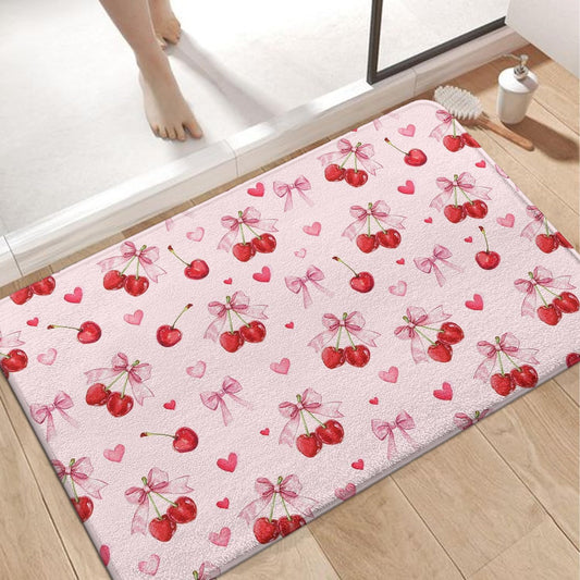 Cherry Imitation Cashmere Bath Mat, Cute Pink Bathroom Floor Mat Rubber Backing Non-Slip Washable,Fruit Bathroom Rug Soft Absorbent Suitable for Bathtub Shower Door Mat Decoration 17x27Inch