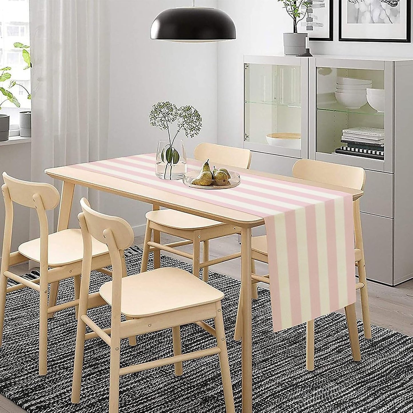 Pink Striped Table Runner, Modern Farmhouse Pink White Striped Table Runner for Party Dining Room Home Kitchen Cafe 13x36in
