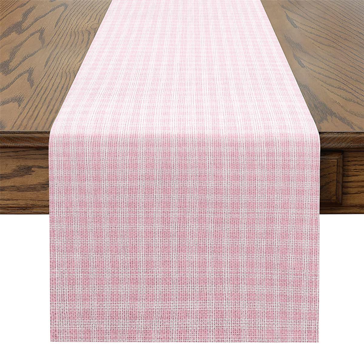 Manfei Grid Tabletop Decor for Kitchen Or Dining, Plaid Buffalo Check Table Runners for Boys Teens Adult,Dreamy Sweet Minimalist Table Mat 13 X 60 Inches, Light Pink