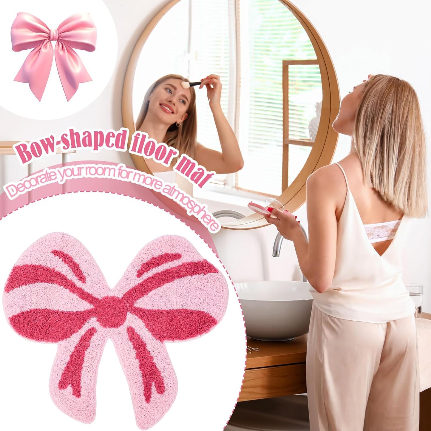 Tinideya Pink Bow Bathroom Mat, 28 x 24 Inch Non Slip Bath Rugs Coquette Bow Bathmat Pink Bowknot Bathroom Rugs Bowknot Shaped Rug Door Welcome Mat for Bathtub Decor Gifts