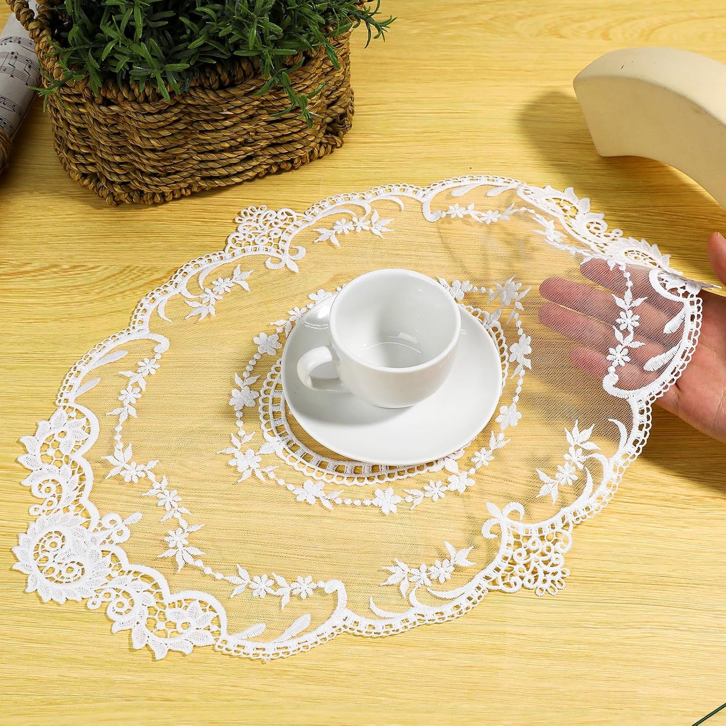 2 Pack Retro Lace French Crochet Doilies Table Placemats Handmade Solid White Embroidered Lace Farmhouse Placemats 12x16 inch Place Mats Cup Mat(Style 4)