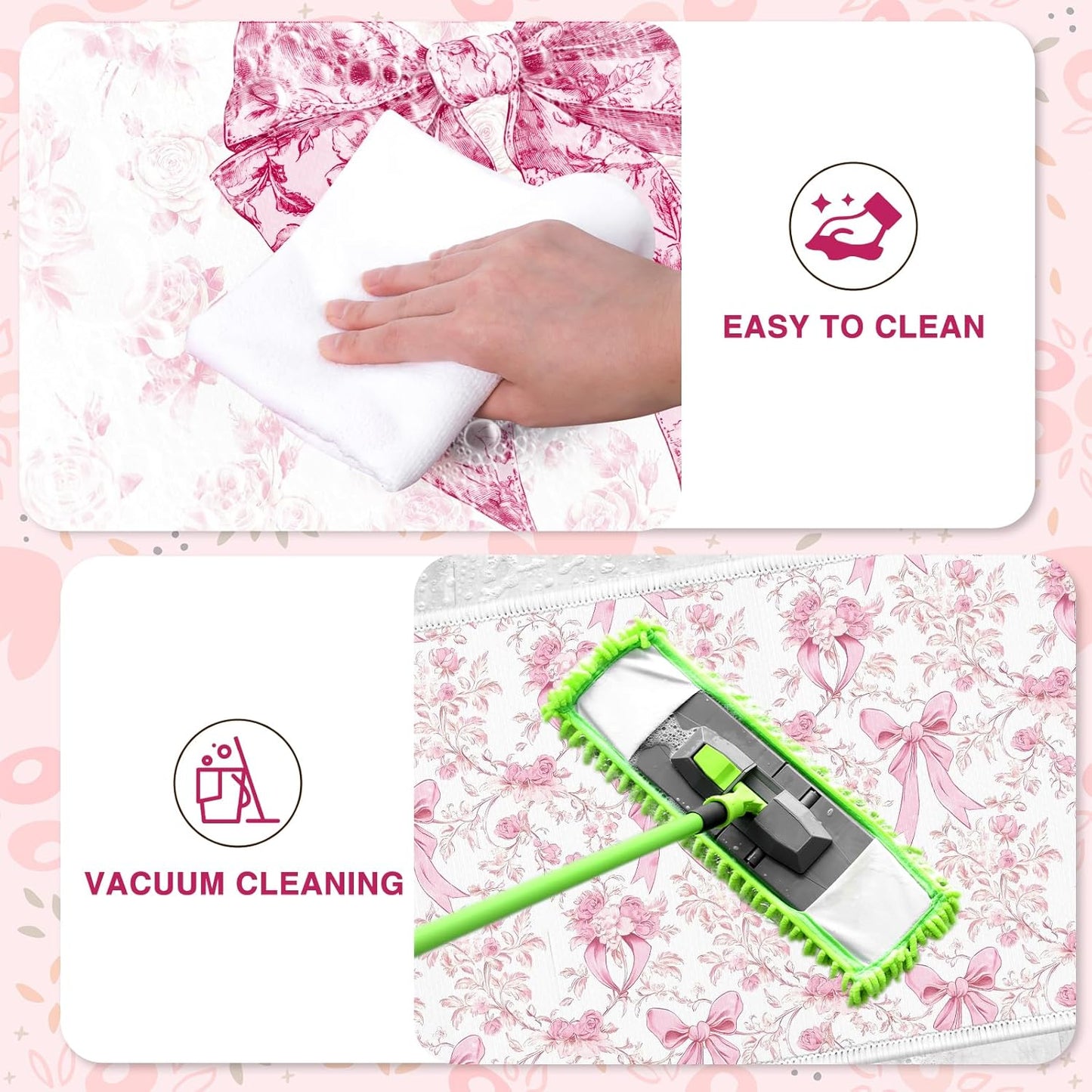 Pink Bow Kitchen Rug and Mat Set of 2, Cute Coquettte Non-Slip Kitchen Rugs, Pink Bow Sweet Decorations for Home Indoor Bathroom Living Room Sink Laundry Floor Decor 17x29 and 17x47 Inch