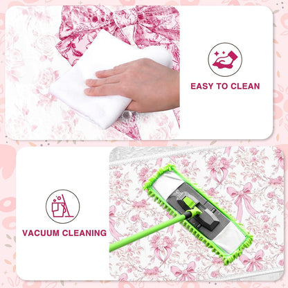 Pink Bow Kitchen Rug and Mat Set of 2, Cute Coquettte Non-Slip Kitchen Rugs, Pink Bow Sweet Decorations for Home Indoor Bathroom Living Room Sink Laundry Floor Decor 17x29 and 17x47 Inch