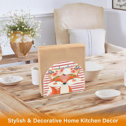 Napkin Holder for Table,Cute Fox Pink Stripe Napkin Holders Tissue Dispenser Clear Acrylic Cocktail Napkins Paper Towel Storage Holder for Kitchen Bathroom Decor
