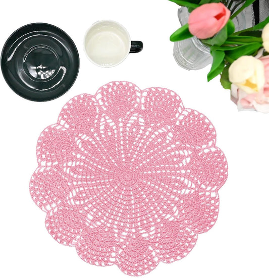 11.8 in to 13.8 in Lace Doilies Round Flower Vase Mats Kitchen Tablecloth Dish Plate Mat Handmade Crochet Table Doily Placemats Coaster for Mother's Day Wedding (Pink,1PC)
