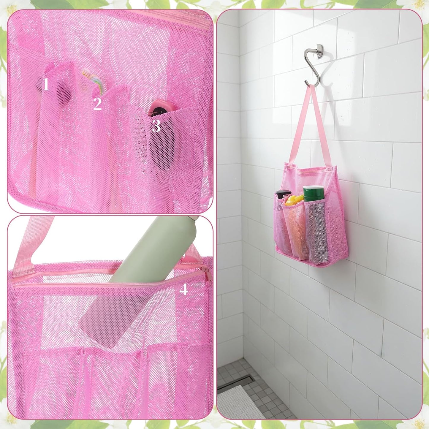 Mesh Shower Caddy, Quick Dry Hanging Toiletry Organizer Large Showers Basket Tote Bag Pink Bathroom Shower Bag Beach Camping Essentials for Toiletry, Bathroom, Beach, Camp, Gym Portable, 2 Handles