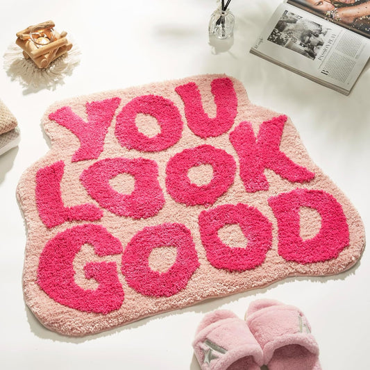 You Look Good Bath Mat Pink, Cute Bathroom Rugs for Girls Fun Funny Funky Rug Bedroom Pink Preppy Bathroom Decor Hello Beautiful Gorgeous Bath Rugs for Kids Women Non-Slip, 25" x 21"