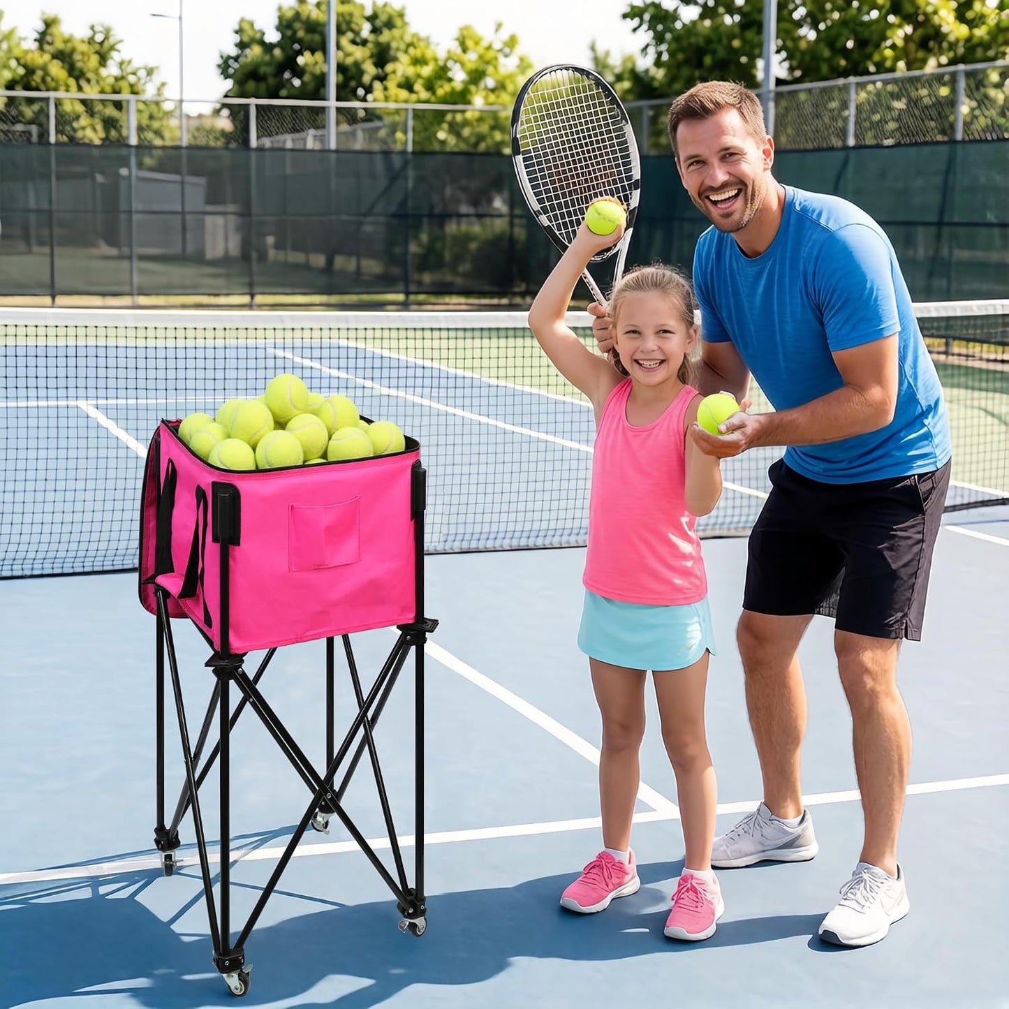 BDL Tennis Ball Hopper,Foldable Lightweight Tennis Cart Holds 200/120 Balls with Wheels & Removable Bag,Easy to Use Without Installation for Tennis Training and Teaching