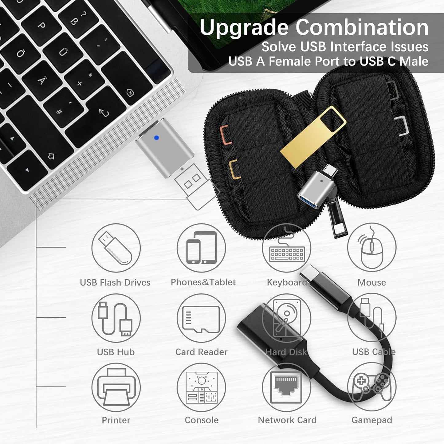 128GB USB 3.0 Flash Drive 4-Pack with USB C Adapters, Metal Mini Design, 100MB/s Read Speed, Storage Case Included, Pink Gold Gray Silver