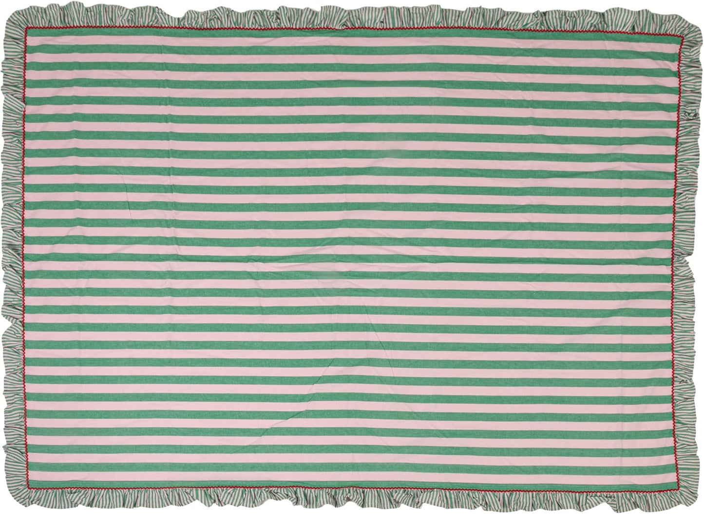 Creative Co-Op Woven Cotton Striped Tablecloth with Ruffle & RIC Rac Trim, Green & Pink
