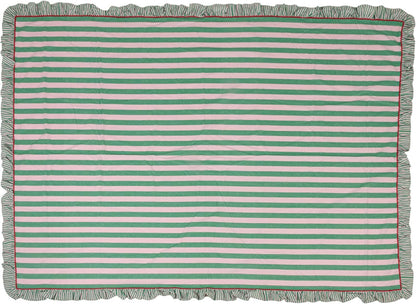 Creative Co-Op Woven Cotton Striped Tablecloth with Ruffle & RIC Rac Trim, Green & Pink