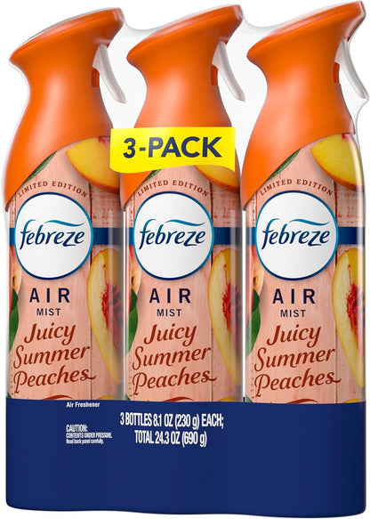 Febreze Air Mist, Air Freshener Spray, Odor Fighting Room Spray, Deodorizer for Home Bathroom Kitchen Office Apartment Dorm Room Classroom, Juicy Summer Peaches Scent, 8.1oz (Pack of 3)