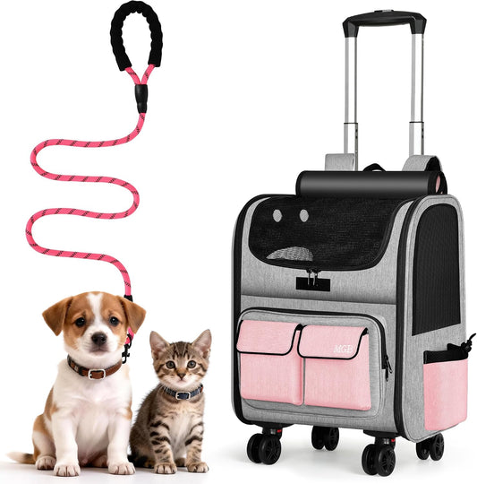 MGB Large Pet Carrier, Foldable Rolling Dog Carrier with Removable Wheels, Cat Rolling Bag 21.3"x15"x12.2" for 2 Cats & 1 Dog for Travel, Outdoor, Vet Visits, Camping, Indoor. Pink. (Not for Airline)