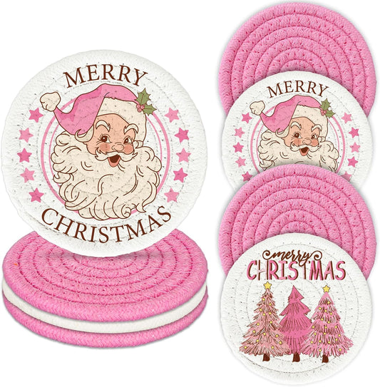 JarThenaAMCS Winter Handmade Braided Cotton Coasters Merry Christmas Pink Santa Xmas Tree Absorbent Drink Coasters for Table Protection Gifts Home Party Decor, Set of 4