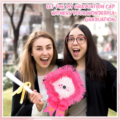 54 Pcs Pink DIY Graduation Cap Decorations Kit Include Faux Flower Pink Bow 3D Butterfly Alphabet Letter Sticker Rhinestones Sticker Glitter Paper Plush Strip for DIY Hat Grad Cap Topper Grad Party
