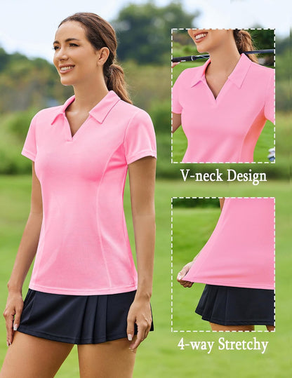 PINSPARK Womens Golf Shirt Short Sleeve Polo Shirts Quick Dry Tennis Tops V-Neck with Collar Pickleball Shirts Golf Outfits