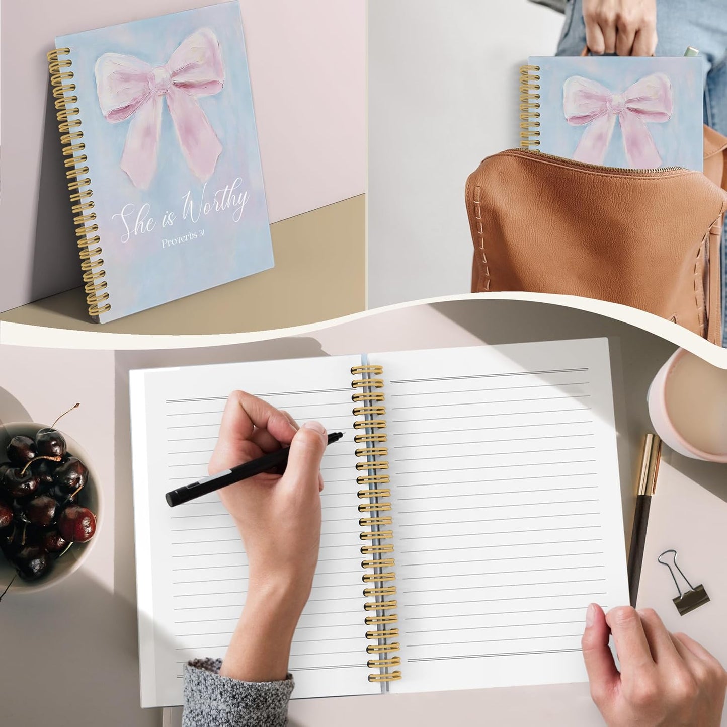 YLZlhb Pink Coquette Bow Christian Spiral Notebook Journal, Pastel Preppy Bible Notebooks for Note Taking, Christian Gifts for Women, She Is Worthy Religious Hardcover Spiral Journal 5.5x8.3 Inches