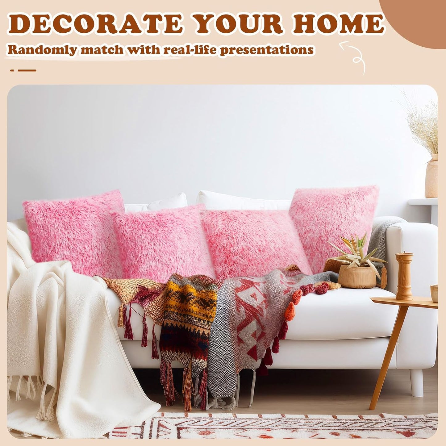 VitalCozy 6 Pcs Faux Fur Throw Pillow Covers Fluffy Couch Cushion 18 x 18 in Square Pillow Luxury Decorative Soft Pillowcase Zipper Closure for Sofa Couch Sleepover Party(Pink)