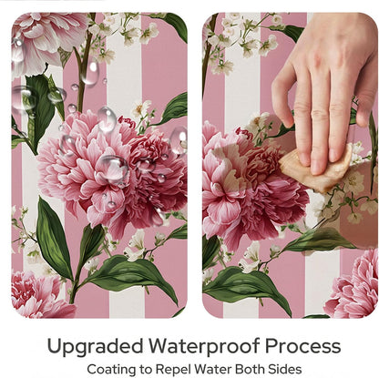 Pink Floral Shower Curtain, Pink and White Striped Flower Peony Bathroom Decor, Botanical Romantic Waterproof Fabric Bath Set with Hooks, 72x72 Inch